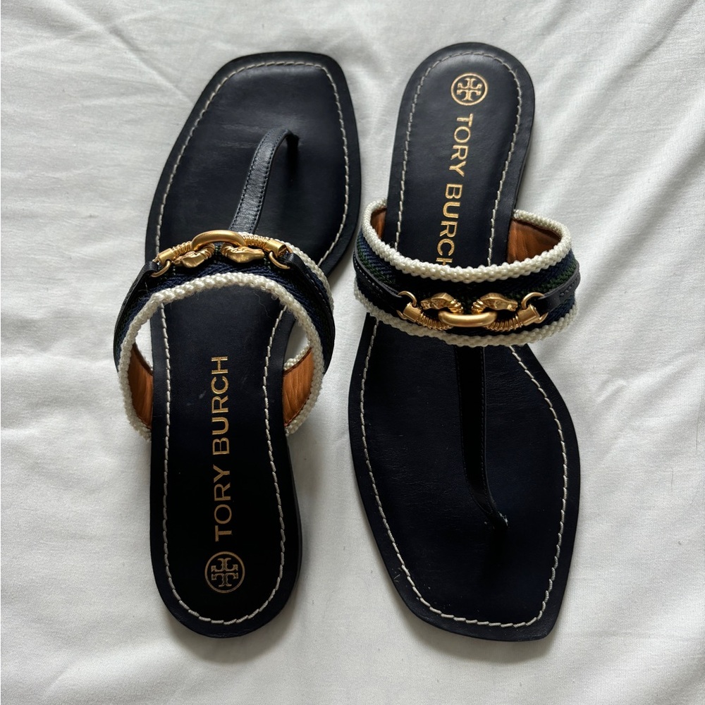 Tory Burch navy and white and gold sandals